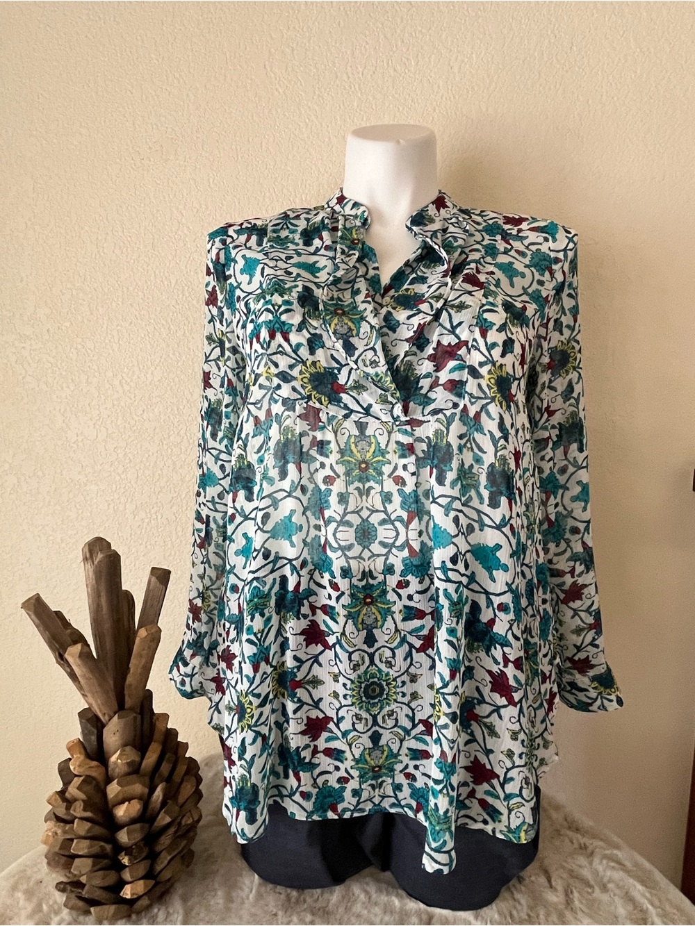 Fever Floral Button-Front Blouse in Teal, White & Burgundy